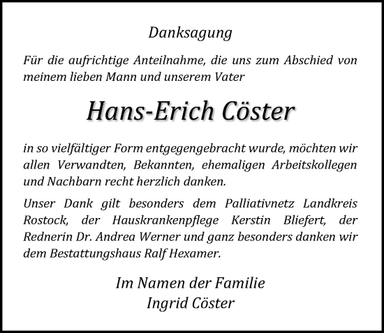 Traueranzeige von Hans-Erich Cöster von Ostsee-Zeitung GmbH
