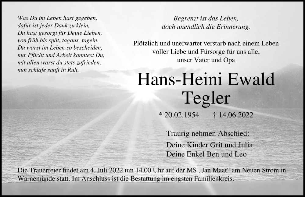  Traueranzeige für Hans-Heini Tegler vom 18.06.2022 aus Ostsee-Zeitung GmbH