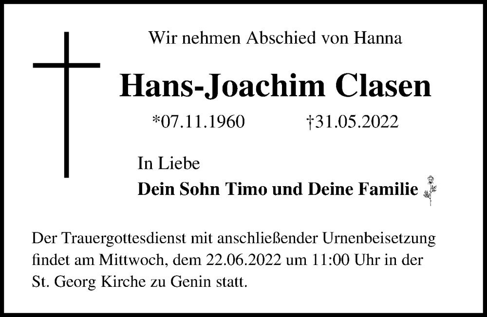  Traueranzeige für Hans-Joachim Clasen vom 19.06.2022 aus Lübecker Nachrichten