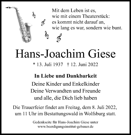 Traueranzeige von Hans-Joachim Giese von Aller Zeitung