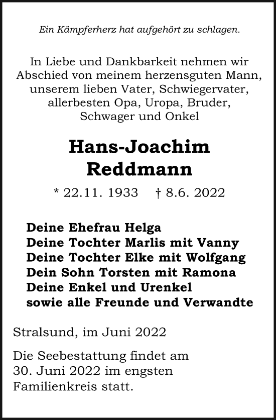 Traueranzeige von Hans-Joachim Reddmann von Ostsee-Zeitung GmbH