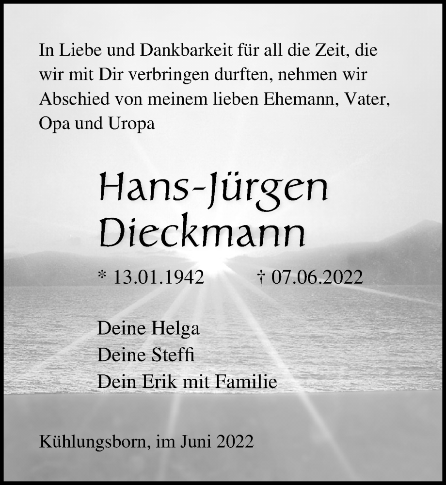  Traueranzeige für Hans-Jürgen Dieckmann vom 11.06.2022 aus Ostsee-Zeitung GmbH