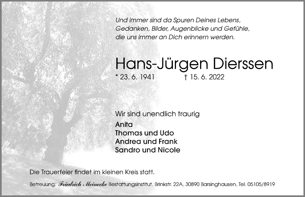  Traueranzeige für Hans-Jürgen Dierssen vom 18.06.2022 aus Hannoversche Allgemeine Zeitung/Neue Presse