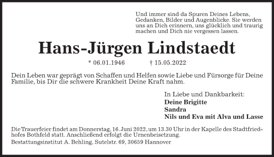 Traueranzeige von Hans-Jürgen Lindstaedt von Hannoversche Allgemeine Zeitung/Neue Presse