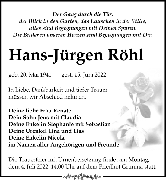 Traueranzeige von Hans-Jürgen Röhl von Leipziger Volkszeitung
