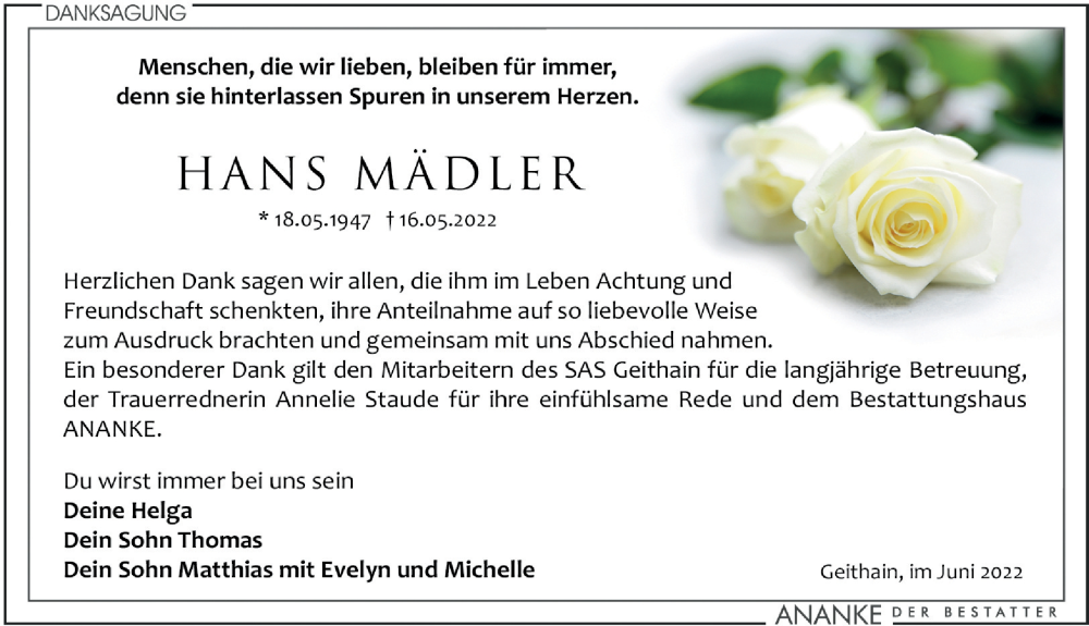  Traueranzeige für Hans Mädler vom 25.06.2022 aus Leipziger Volkszeitung