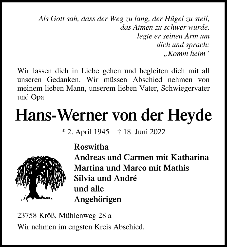  Traueranzeige für Hans-Werner von der Heyde vom 23.06.2022 aus Lübecker Nachrichten