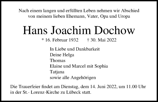 Traueranzeige von Hans Joachim Dochow von Lübecker Nachrichten