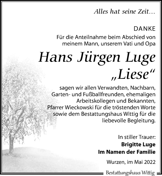 Traueranzeige von Hans Jürgen Luge von Leipziger Volkszeitung