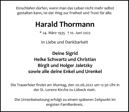 Traueranzeige von Harald Thormann von Lübecker Nachrichten