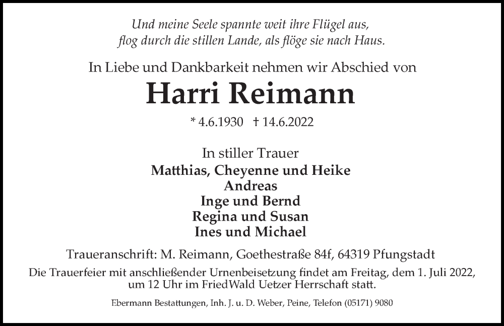  Traueranzeige für Harri Reimann vom 18.06.2022 aus Peiner Allgemeine Zeitung