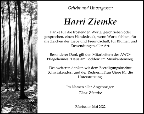 Traueranzeige von Harri Ziemke von Ostsee-Zeitung GmbH