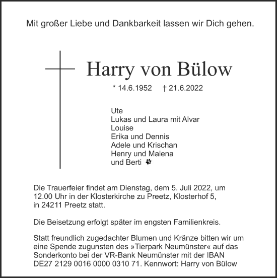 Traueranzeige von Harry von Bülow von Kieler Nachrichten