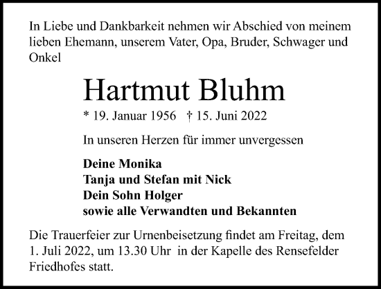 Traueranzeige von Hartmut Bluhm von Lübecker Nachrichten