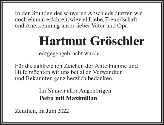 Traueranzeige von Hartmut Gröschler von Märkischen Allgemeine Zeitung