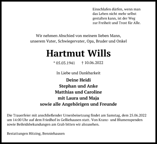 Traueranzeige von Hartmut Wills von Göttinger Tageblatt