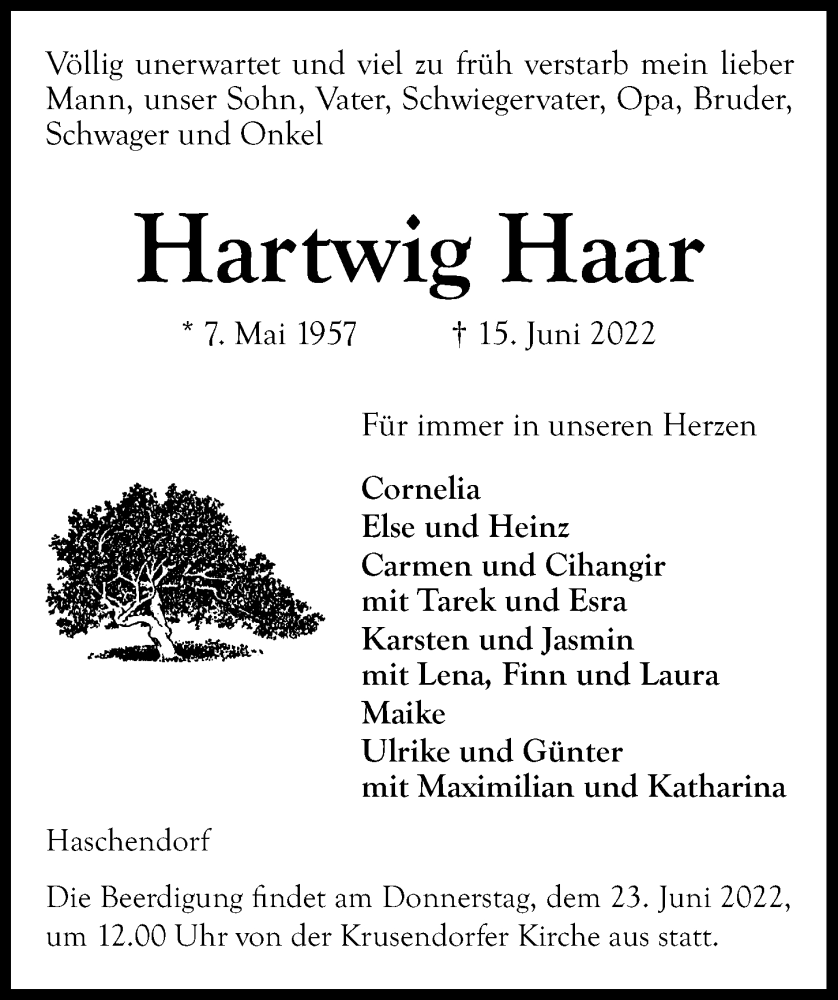  Traueranzeige für Hartwig Haar vom 18.06.2022 aus Kieler Nachrichten