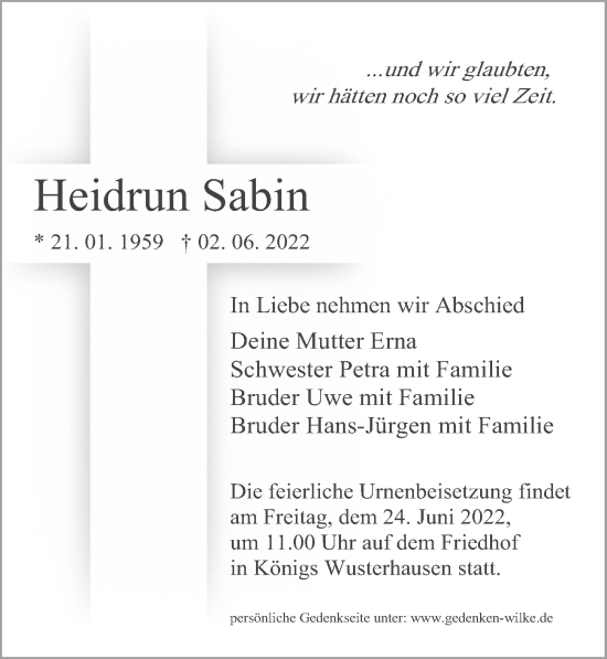 Traueranzeige von Heidrun Sabin von Märkischen Allgemeine Zeitung