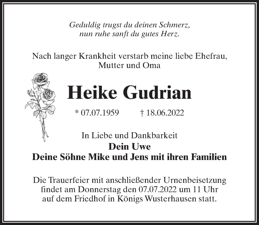  Traueranzeige für Heike Gudrian vom 25.06.2022 aus Märkischen Allgemeine Zeitung