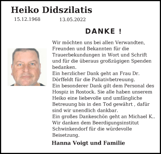 Traueranzeige von Heiko Didszilatis von Ostsee-Zeitung GmbH