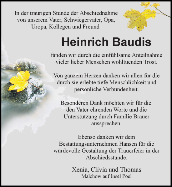Traueranzeige von Heinrich Baudis von Ostsee-Zeitung GmbH