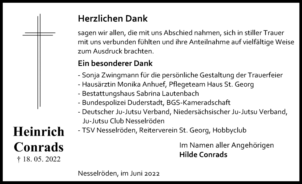  Traueranzeige für Heinrich Conrads vom 11.06.2022 aus Eichsfelder Tageblatt