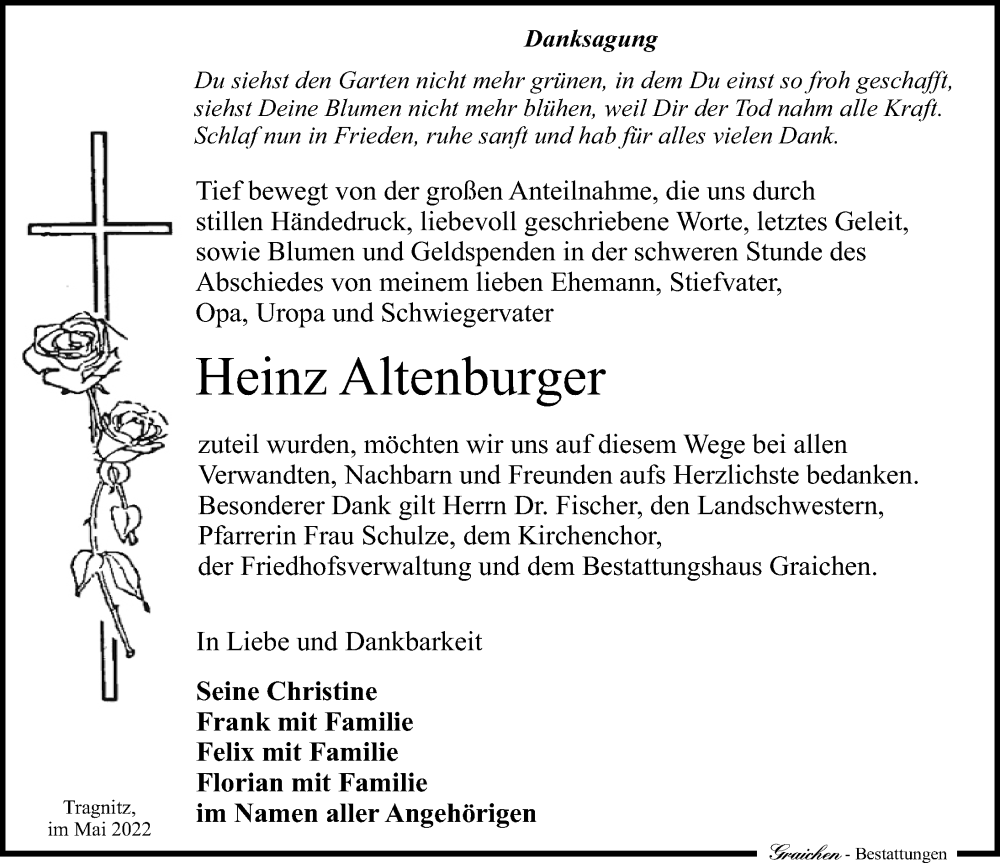  Traueranzeige für Heinz Altenburger vom 04.06.2022 aus Leipziger Volkszeitung