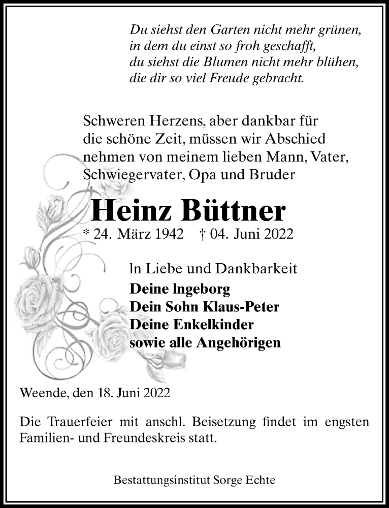  Traueranzeige für Heinz Büttner vom 18.06.2022 aus Göttinger Tageblatt