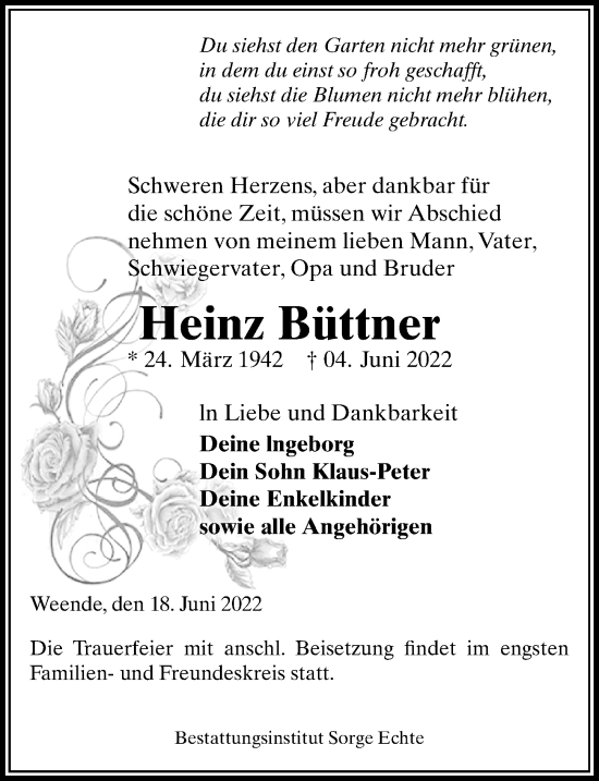 Traueranzeige von Heinz Büttner von Göttinger Tageblatt