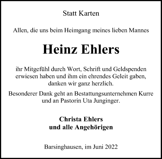 Traueranzeige von Heinz Ehlers von Hannoversche Allgemeine Zeitung/Neue Presse