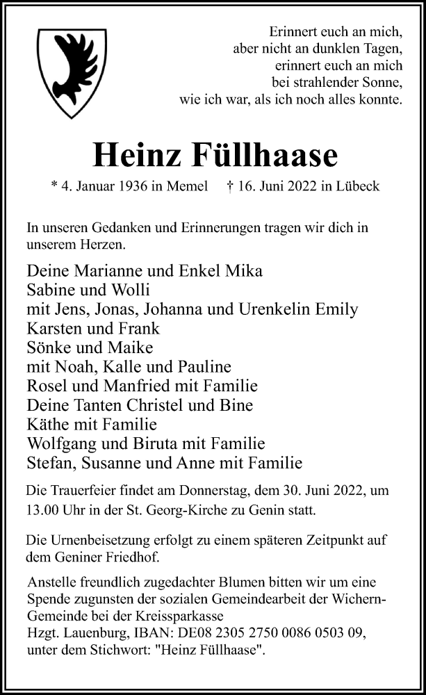  Traueranzeige für Heinz Füllhaase vom 26.06.2022 aus Lübecker Nachrichten