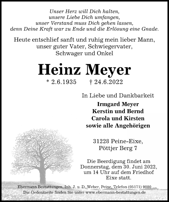 Traueranzeige von Heinz Meyer von Peiner Allgemeine Zeitung