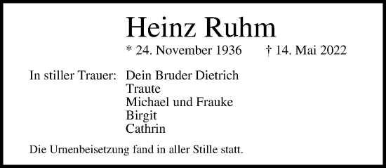 Traueranzeige von Heinz Ruhm von Lübecker Nachrichten