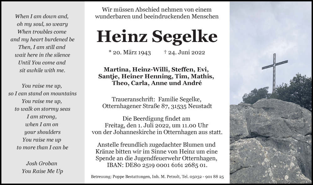  Traueranzeige für Heinz Segelke vom 28.06.2022 aus Hannoversche Allgemeine Zeitung/Neue Presse