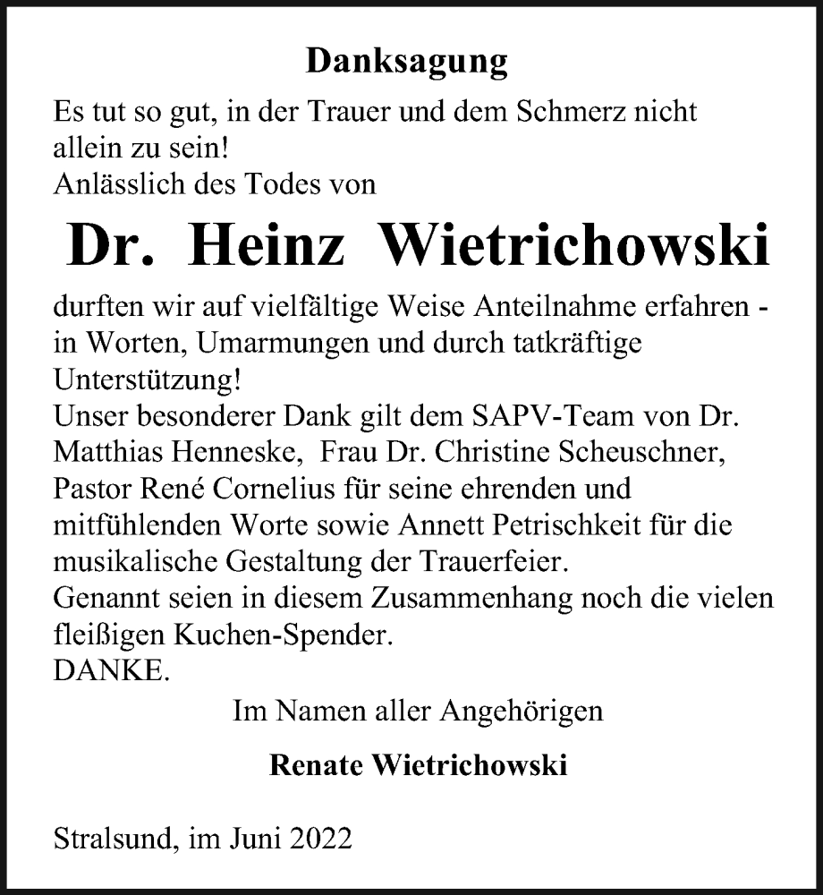  Traueranzeige für Heinz Wietrichowski vom 11.06.2022 aus Ostsee-Zeitung GmbH