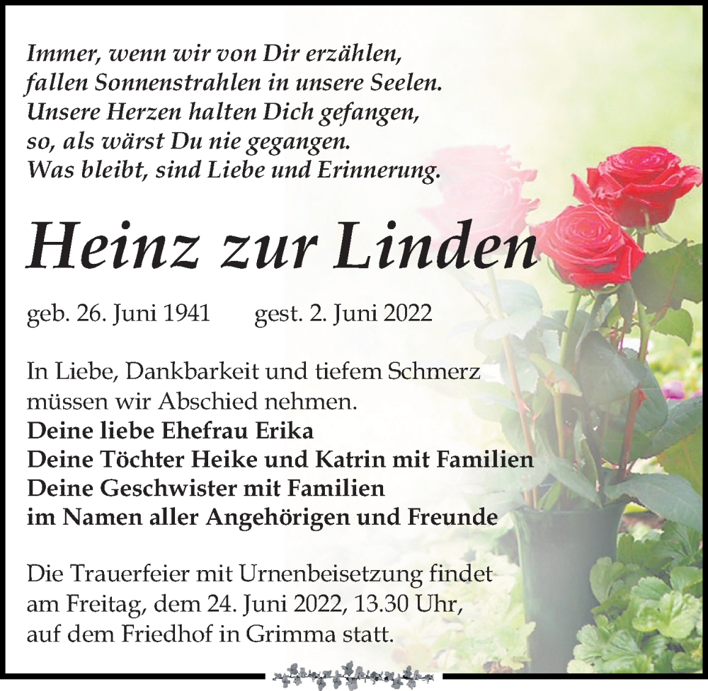  Traueranzeige für Heinz zur Linden vom 11.06.2022 aus Leipziger Volkszeitung