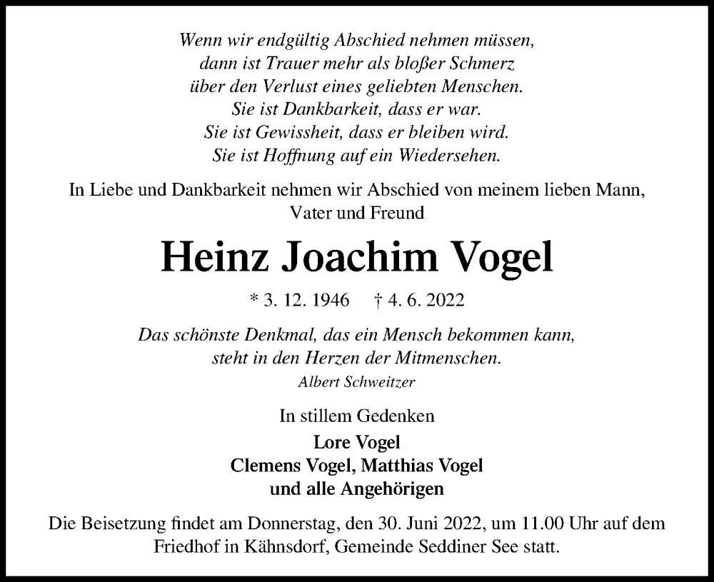  Traueranzeige für Heinz Joachim Vogel vom 18.06.2022 aus Märkischen Allgemeine Zeitung