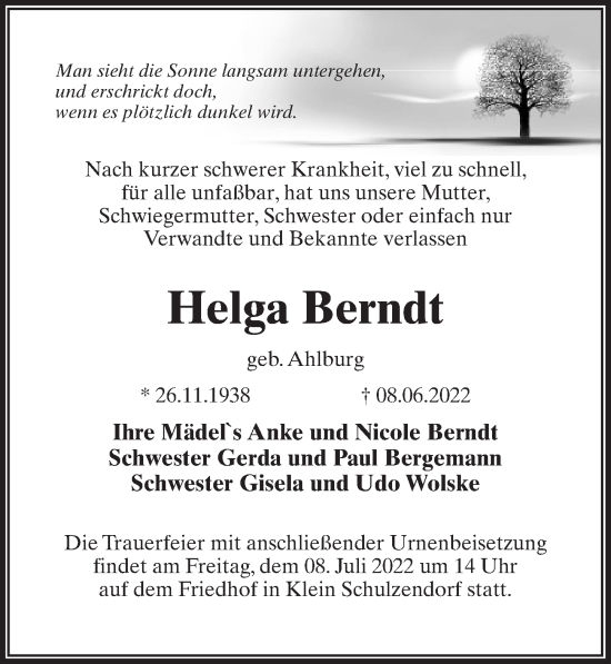 Traueranzeige von Helga Berndt von Märkischen Allgemeine Zeitung