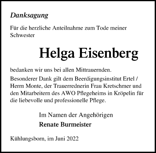 Traueranzeige von Helga Eisenberg von Ostsee-Zeitung GmbH