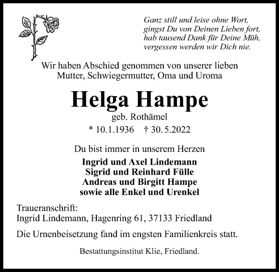 Traueranzeige von Helga Hampe von Göttinger Tageblatt