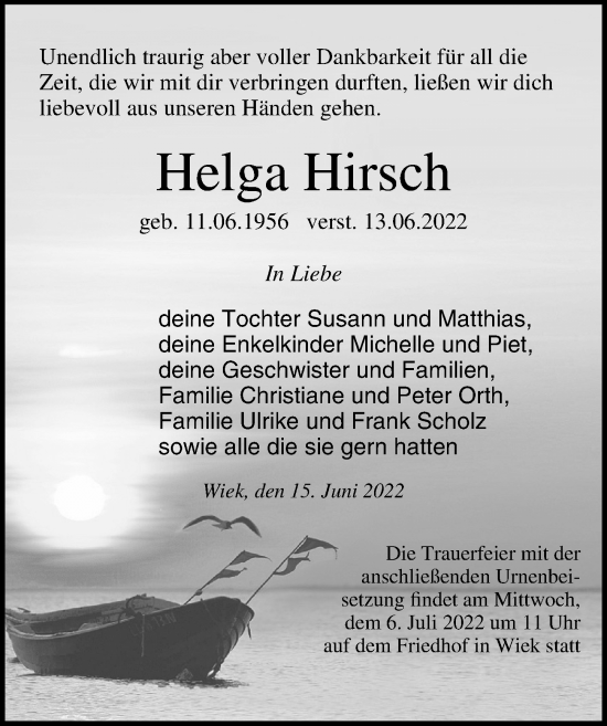 Traueranzeige von Helga Hirsch von Ostsee-Zeitung GmbH