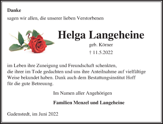 Traueranzeige von Helga Langeheine von Peiner Allgemeine Zeitung