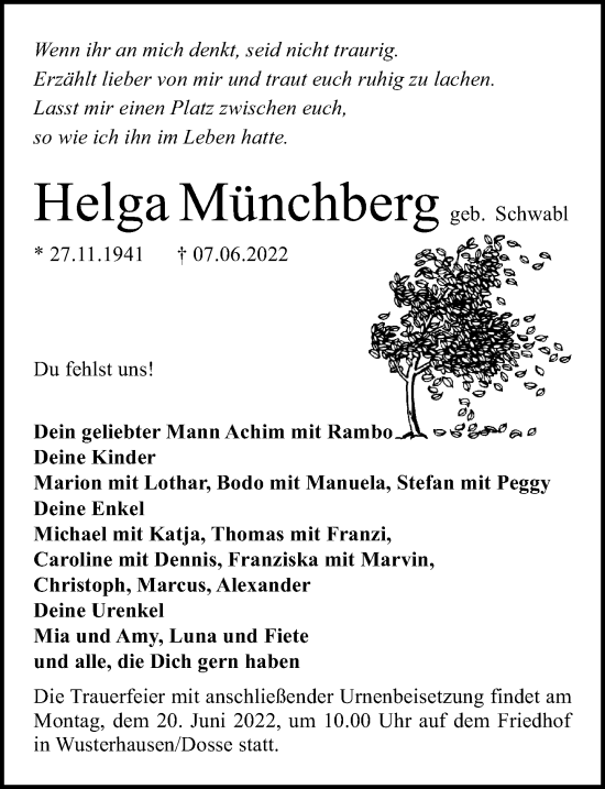 Traueranzeige von Helga Münchberg von Märkischen Allgemeine Zeitung