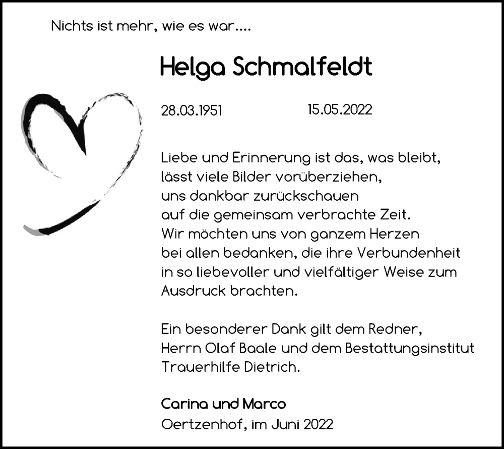  Traueranzeige für Helga Schmalfeldt vom 11.06.2022 aus Ostsee-Zeitung GmbH