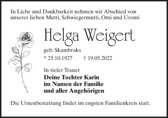 Traueranzeige von Helga Weigert von Märkischen Allgemeine Zeitung