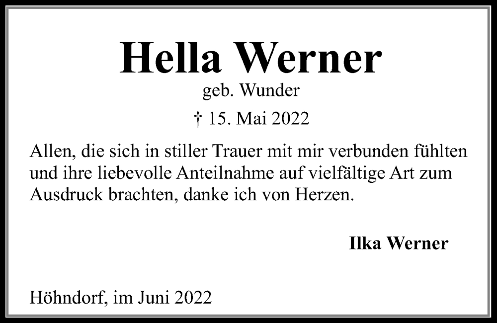  Traueranzeige für Hella Werner vom 18.06.2022 aus Kieler Nachrichten