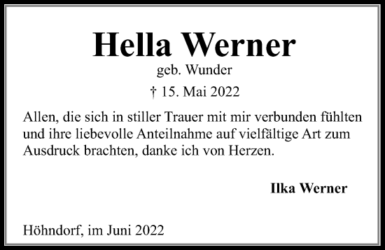 Traueranzeige von Hella Werner von Kieler Nachrichten