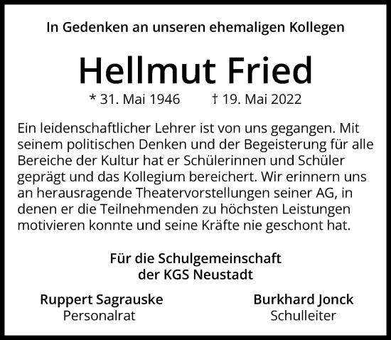 Traueranzeige von Hellmut Fried von Hannoversche Allgemeine Zeitung/Neue Presse
