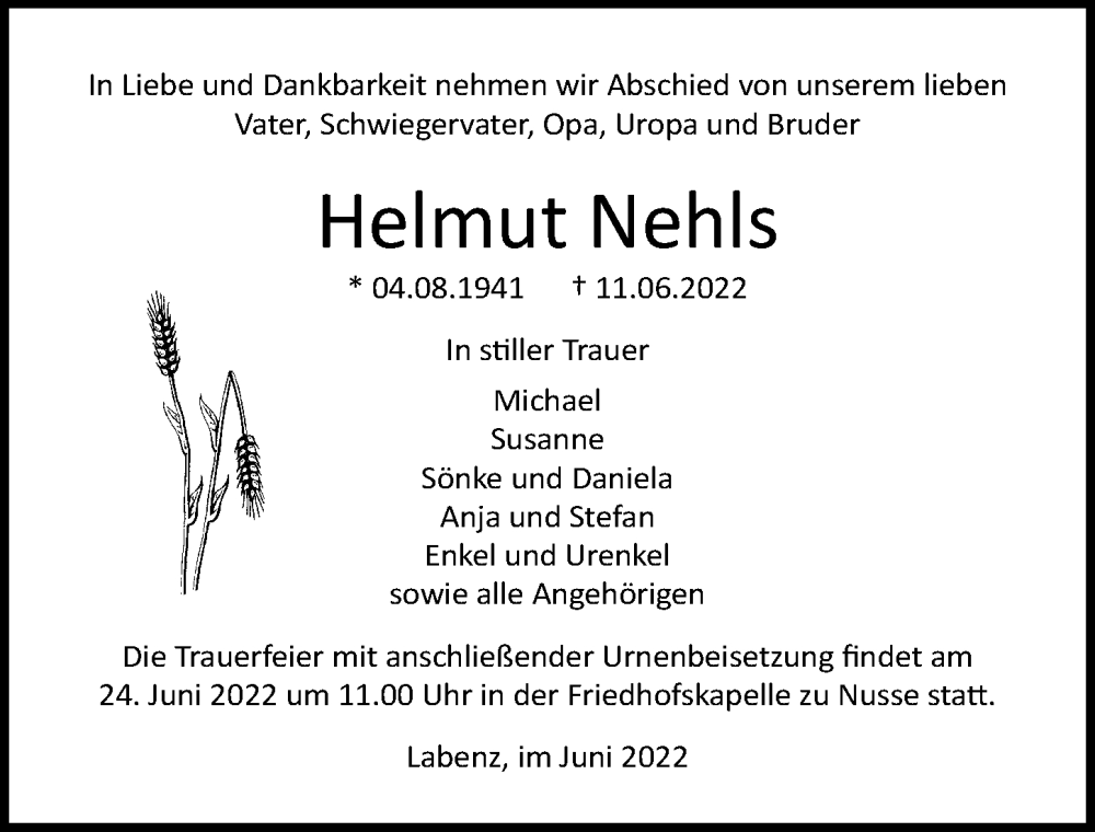  Traueranzeige für Helmut Nehls vom 21.06.2022 aus Lübecker Nachrichten