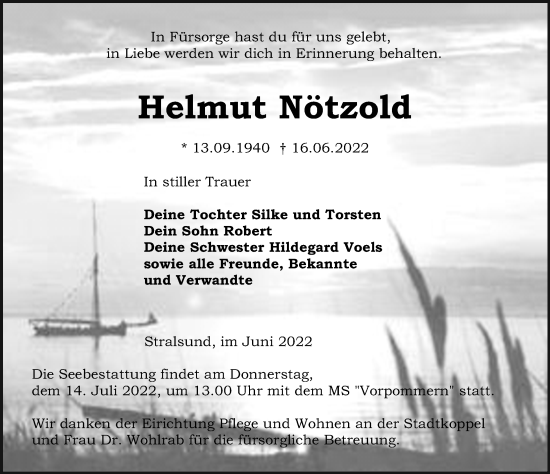 Traueranzeige von Helmut Nötzold von Ostsee-Zeitung GmbH